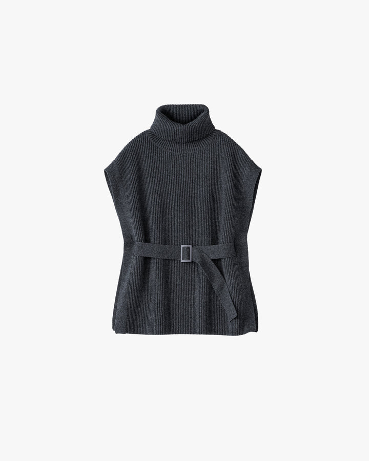 -SALE- Fine Wool Rib Knit High Neck Belted Vest