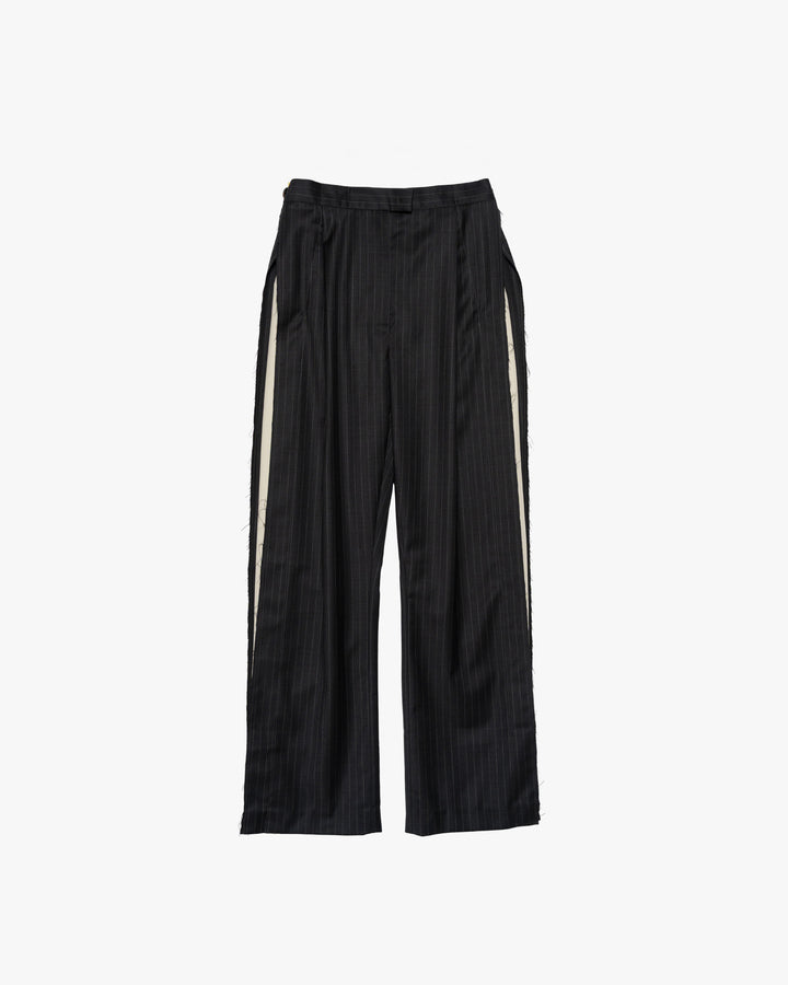 PINSTRIPE PANTS WITH FRAYED-EDGE SIDE STRIPES